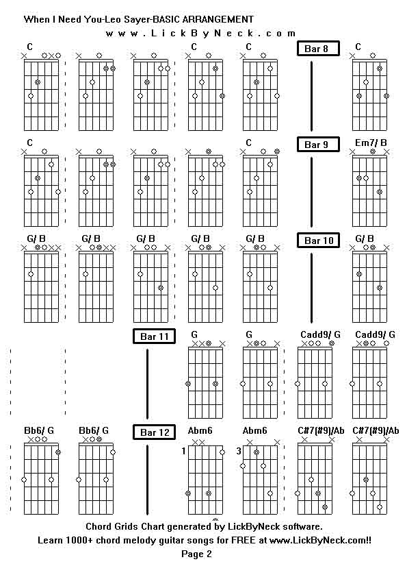 Chord Grids Chart of chord melody fingerstyle guitar song-When I Need You-Leo Sayer-BASIC ARRANGEMENT,generated by LickByNeck software.